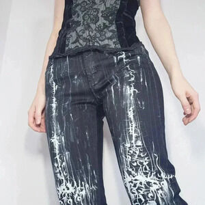 Gothic & grunge black and white abstract hand-painted straight-legged jeans